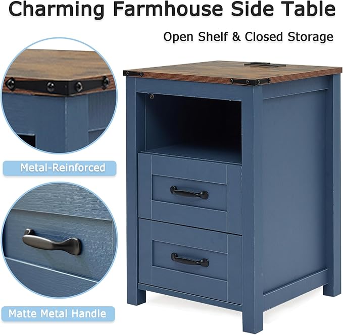 Puntogen Blue Night Stand Set of 2, Rustic End Table with Charging Station, Farmhouse Tall Nightstand for Bedroom, Drawer Dresser Bedside Table with Open Storage Shelf