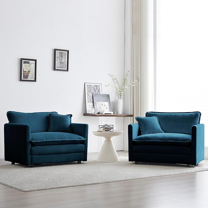 mikibama 41.4 Inch Single Seat Sofa, Chenille Comfy Deep Upholstered Couch Armchair with Toss Pillow for Living Room Bedroom Office Apartment, Blue