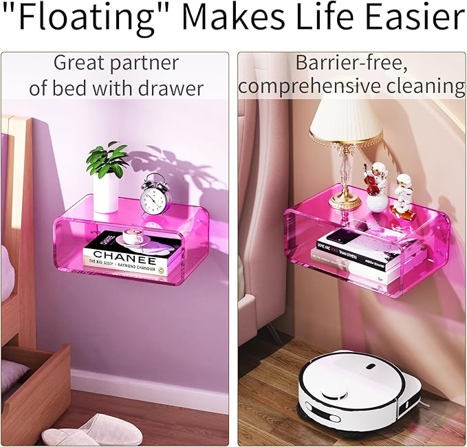 Acrylic Floating Nightstand, Bedside Table, Nightstand Shelf Wall Mounted Bedside Shelf (Pink, Small)