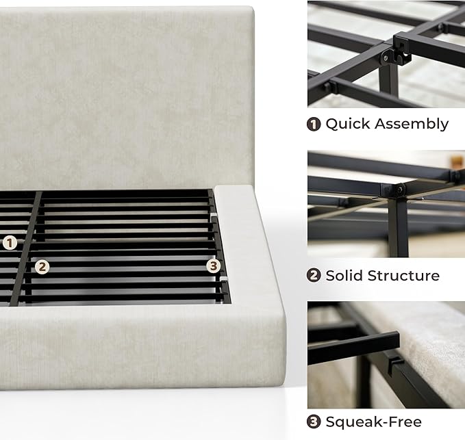 RECCI Cloud Upholstered King Bed Frame with Headboard, 5 Inch Foam Padded Platform, No Box Spring, Easy Assembly (Cream)