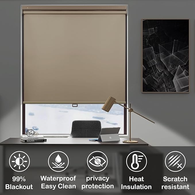 HESTIA No Drill Cordless Blackout Roller Shades Screwless Waterproof Shower Window Blinds, Auto-Retraction Easy Install Blind for Bathroom/Kitchen/Office/Exterior, Greige, 48.5" W x 72" H