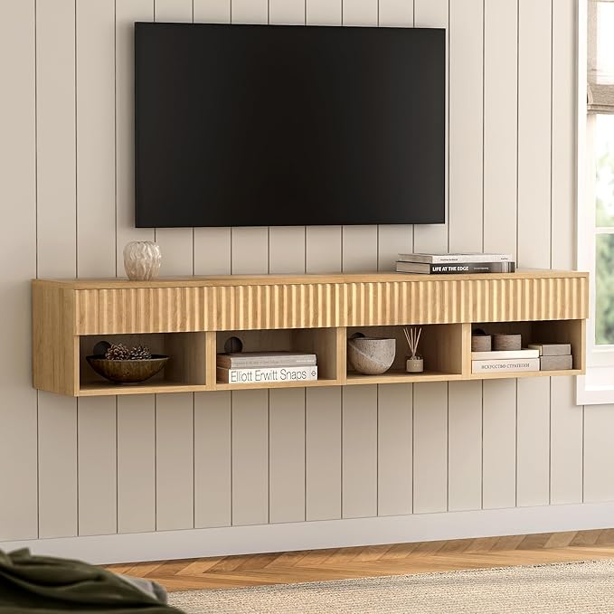 Floating Nightstand with Drawer, Modern Small Night Stand with Fluted Door and Open Storage Shelf Wall Mounted Bedside Table for Bedroom, Entryway Natural Oak