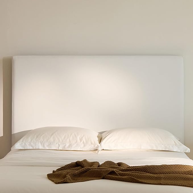 Queen Size Upholstered Bed Frame, 52" High Headboard Wingback Bedframe, Lucas Tall Headboard Floor Platform Beds, No Box Spring Needed No Noise/Minimalist/Coconut Micro Suede, White