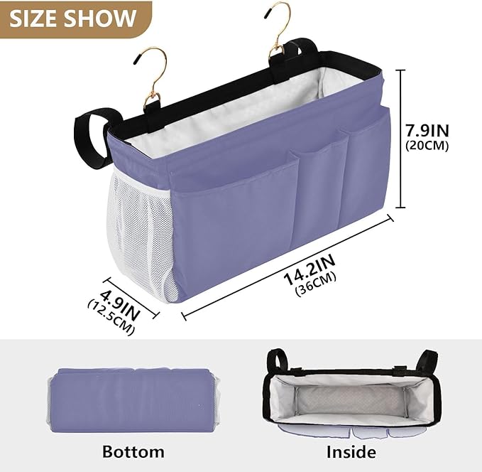 Purple Bedside Caddy Storage Bag Bedside Organizer for College Dorm Top Bunk Bed Hanging Storage Organizer 6 Pockets with Hooks for Book Glasses Phone Holder