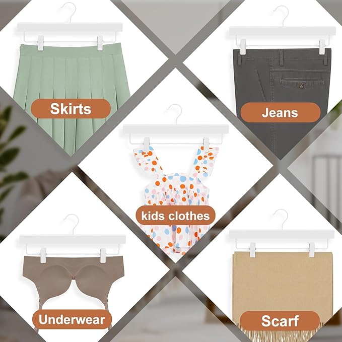 TOPIA HANGER Lotus Wood Pants Hangers, Skirt Short Bridal Trousers Slacks Hangers with 2 Premium Adjustable White Metal Clips with Rubber Stopper Padded 360° Swivel White Hook 10 Pack, CT55W
