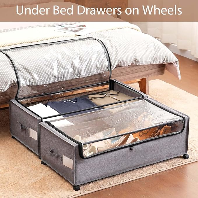 Under Bed Storage with Wheels, Rolling Under bed Storage with Metal Frame, Under Bed Shoe Storage for Space Saving, Zippered Clear Lid, Heavy-Duty Steel Base for Clothes,4XL 90L