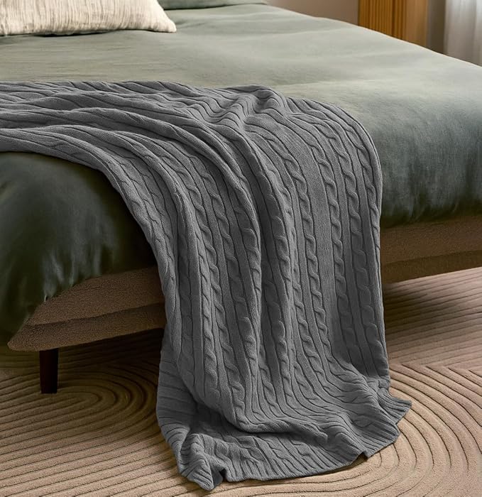 100% Cotton Cable-Knit Throw Blanket: 60" x 70", Ultra Soft, Breathable, All-Season Comfort & Versatility, Ideal for Couch, Bed, Travel and Gifting (Grey)