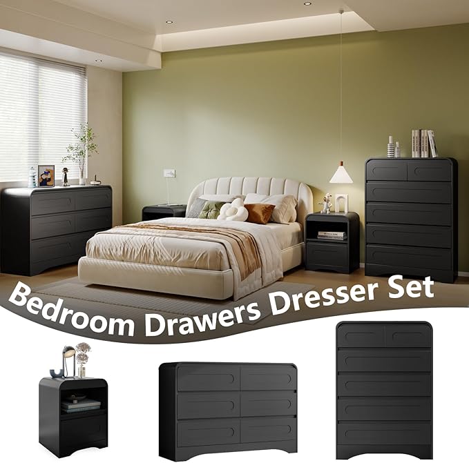 4 Pcs Bedroom Set, Dresser and Nightstand Sets, Including Modern Wooden Tall 6 Drawer Dressers, Wide 6 Drawers Dresser & Night Stand Set of 2 for Bedroom, Black