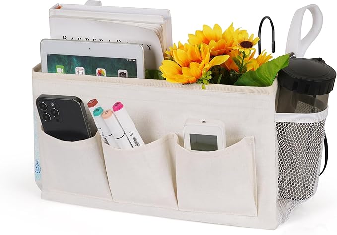 Ozzptuu Bedside Storage Caddy/Bedside Hanging Storage Bag for Headboards Bunk Beds Dorm Rooms Book Phone Magazine Holder (New White)
