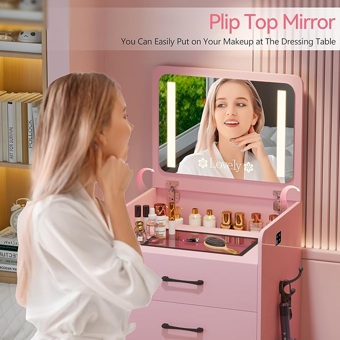 HNEBC 3 in 1 Vanity Desk with Plip Top LED Mirror,Small Dressing Table Set with Visible Glass Desktop,Compact Vanity with 3 Drawers,Storage Compartment and Padded Stool,for Bedroom(Pink)