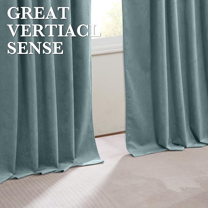 RYB HOME 100% Blackout Blue Velvet Curtains 90 inches Long, Back Tab Thermal Insulated Noise Reducing Curtains & Drapes for Living Room Kids Bedroom, Stone Blue, 52W x 90L, Set of 2 Panels