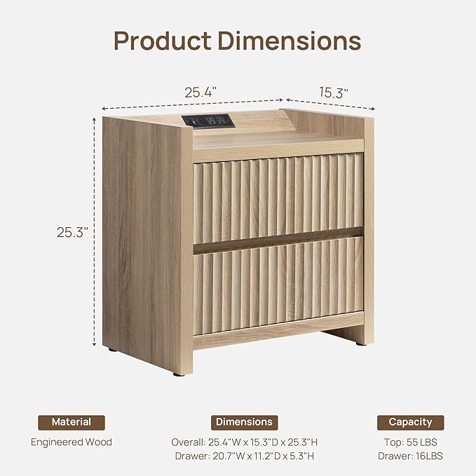 SICOTAS Night Stands Set of 2-Fluted Nightstands with Charging Station- Large Nightstand Bedside Table End Table with 2 Drawers, 25" Tall Mid Century Modern Night Stand for Bedroom, Sofa Side