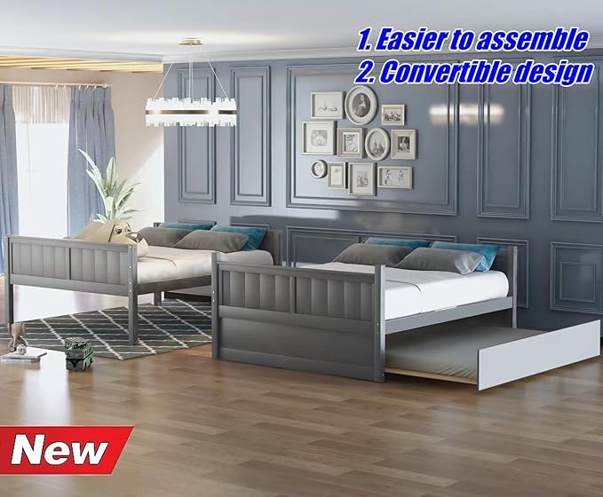 TSAMPA Latest Upgraded & Stronger Heavy Duty Solid Wood Full Over Full Bunk Bed with Trundle, Thickened Safer Convertible Bunk Bed Frame Full Over Full Size Bunk Bed (Easier to Assemble) (Gray), Grey