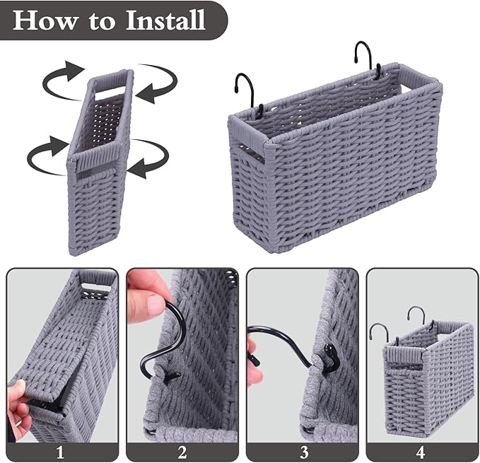 Cotton Rope Woven Bedside Caddy for Dorm Bed, Foldable Bedside Shelf Bunk Bed Accessories, College Dorm Room Essentials Hanging Organizers Storage Basket, Room Decor Magazine File Holder (Gray)