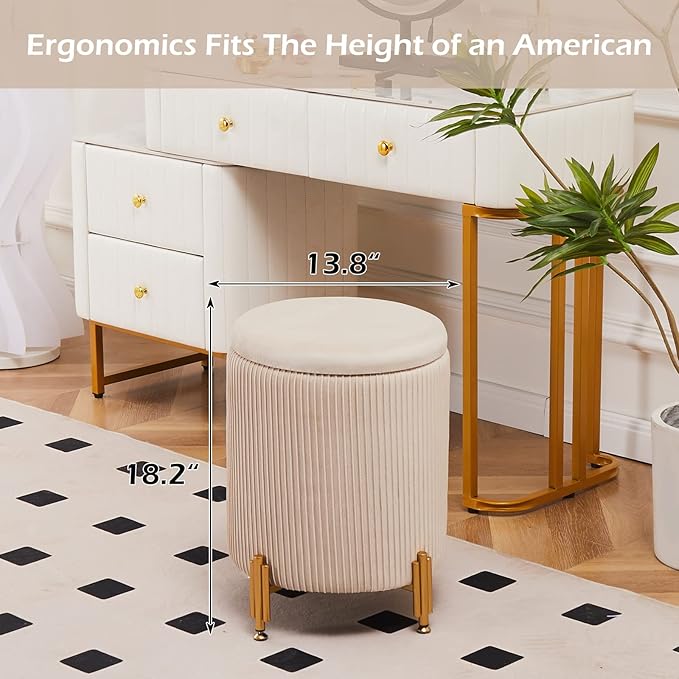Mxfurhawa Round Ottoman Foot Stool with Storage and Metal Legs for Living Room Bedroom, Velvet Upholstered Footrest Stool Support 300lbs Modern Padded Seat Ottoman Coffee Table (Beige)