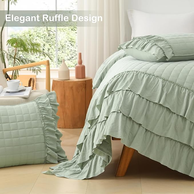 HORIMOTE HOME Asakusa Green Ruffled Quilt Set Queen Size, Geometric Square Stitched Pattern, Pre-Washed Farmhouse Shabby Chic Microfiber Lightweight Bedding Set Bedspread Coverlet for All Season