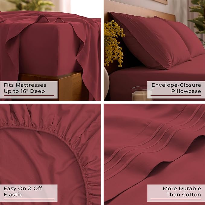 Mellanni Full Sheet Set - 6-Piece Iconic Collection Bedding, (Including 4 Pillowcases), 16-Inch Deep Pocket, Easy Care, Extra Soft, Cooling Sheets, Brushed Microfiber - Brick Red