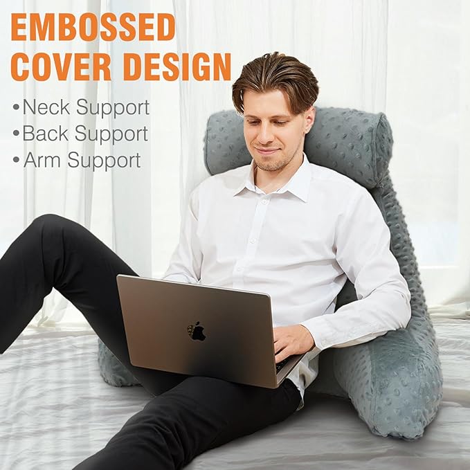 Reading Pillow for Sitting in Bed, Extra Large Backrest Support Cushion with Arms, Sit up Back Pillow Shredded Memory Foam back support Chair Pillow, Bed Rest Pillows with pocket, Detachable Neck Roll