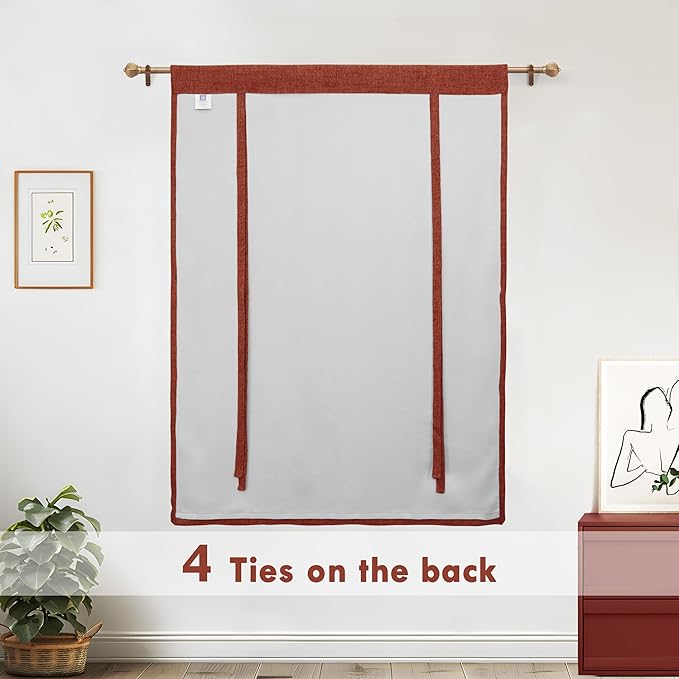 DriftAway Double Layer Linen Blackout Tie Up Curtains Thermal Insulated Fully Lined Balloon Roman Shade Bathroom Window Adjustable Rod Pocket for Small Window 39 Inch by 55 Inch Burnt Orange