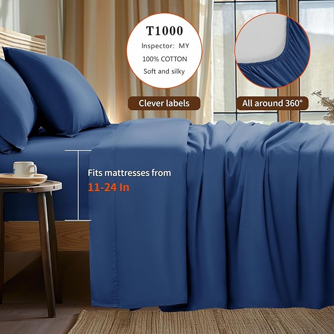 LBRO2M 100% Cotton Sheets Set Deep Pocket 24", 1000 Thread Count Full Size 4 Piece Bed Sheet Sets Soft Comfortable Bedding All Seasonn (Full, Navy Blue)