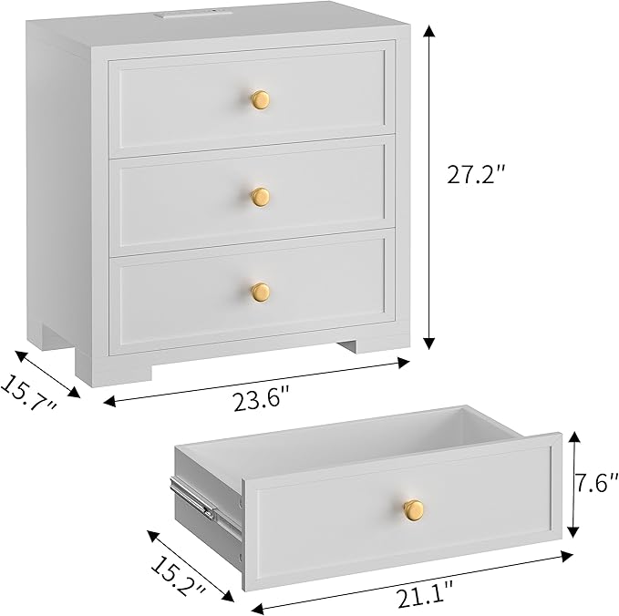 COWMOU Nightstand with Drawers 3 Drawer Night Stand with Charging Station Farmhouse Style Large Bed Side Table Wooden Dresser for Bedroom Living Room (1, White)
