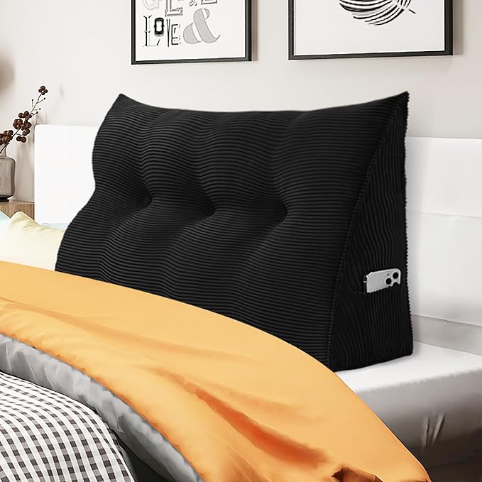 WOWMAX 100% Cotton Corduroy Headboard Pillow – Twin Size Back Support Reading Wedge for Bed & Daybed, Plush Handmade Bolster Cushion with Removable Cover, Cozy Bed Rest Pillow, Black