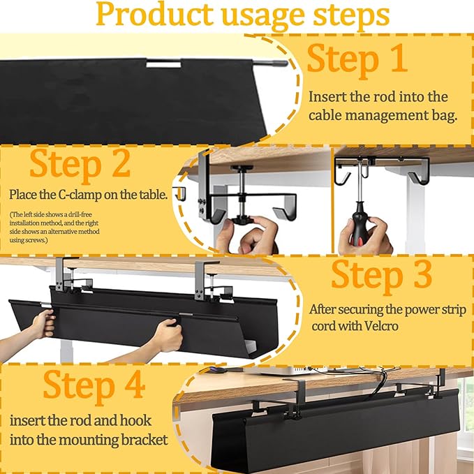 No Drill Under-Desk Cable Management Tray, Desktop Cable Organizer, Fabric Storage Tray, Two Installation Methods, Suitable for Office/Home Use. (13 * 47in)