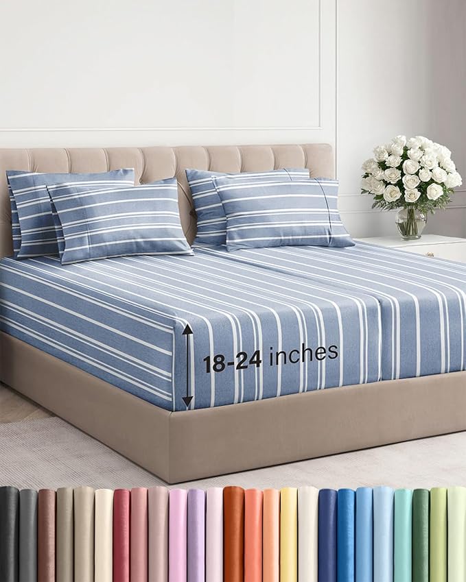 Extra Deep Split King Sheet Set - 7 Piece Breathable & Cooling Sheets - Hotel Luxury Bed Sheets Set - Easy Fit - Soft, Wrinkle Free & Comfy Sheets Set - Blue Striped Sheet Set w/Extra Deep Pockets
