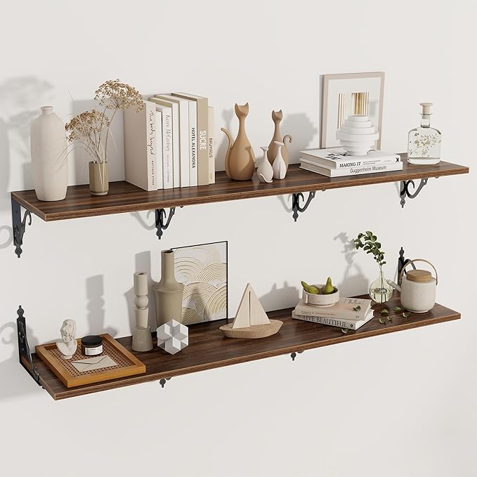 Dreamland Deep Floating Shelves, 55" W x 12" D Wall Shelves Set of 2, Wide Display Shelf Wall Mounted with Brackets, Bookshelf for Living Room, Bathroom, Bedroom, Walnut
