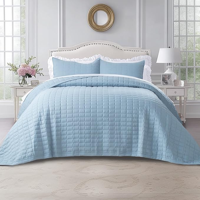 Kasentex KXW1801-GB Quilt-Bedding-Coverlet-Blanket-Set, Machine Washable, Ultra Soft, Lightweight, Stone-Washed, Detailed Stitching-Solid Color, Full/Queen + 2 Shams, Grey Blue