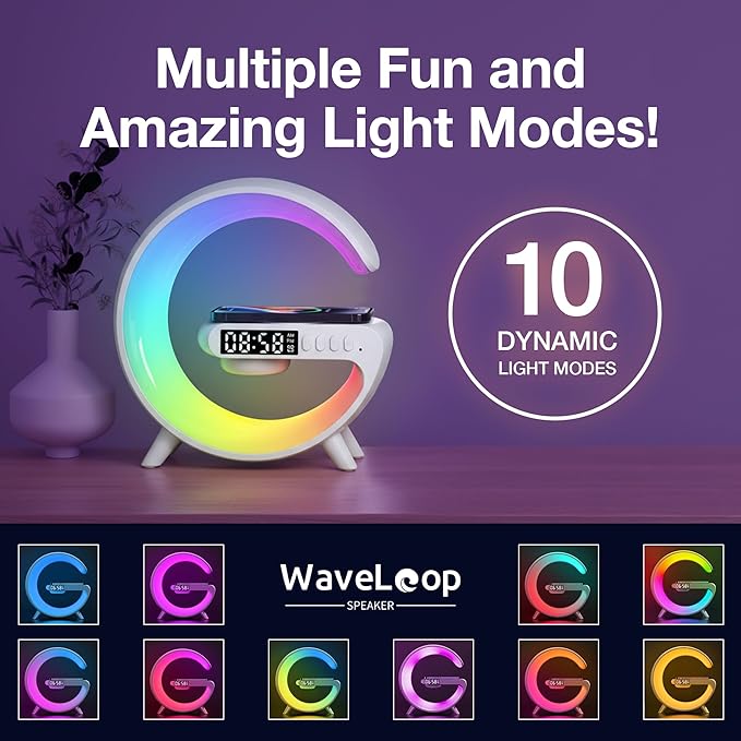 Waveloop Speaker Alarm Clocks for Bedrooms with Wireless Charging and G Bluetooth Speaker, Sunrise Wake Up Light RGB Night Lamp, 4-Button Bedside Alarm Clock for Bedroom Time Display, USB-C