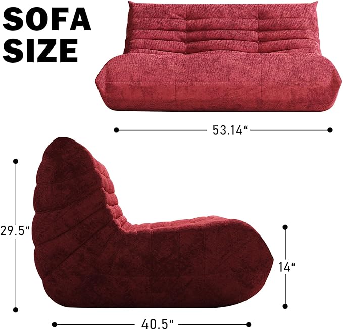 Bean Bag Chair Loveseat, 2 Seater, Red, Teddy Fabric, Modern, L-Shaped, Adults & Teens, Living Room & Bedroom