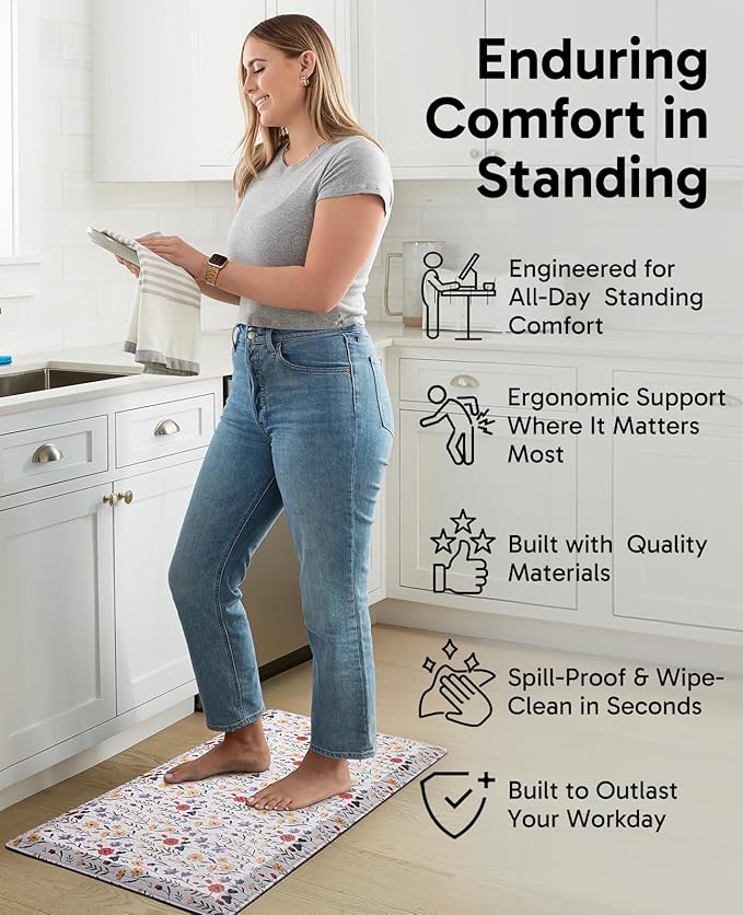 Ophanie Kitchen Mats for Floor, 3/4 inch Thick, 20x32 Anti Fatigue Cushioned Mat, Kitchen Rugs, Waterproof, Comfort Ergonomic Standing Mat for Office, Home, Sink, White Flower Non-Slip Ridged Bottom