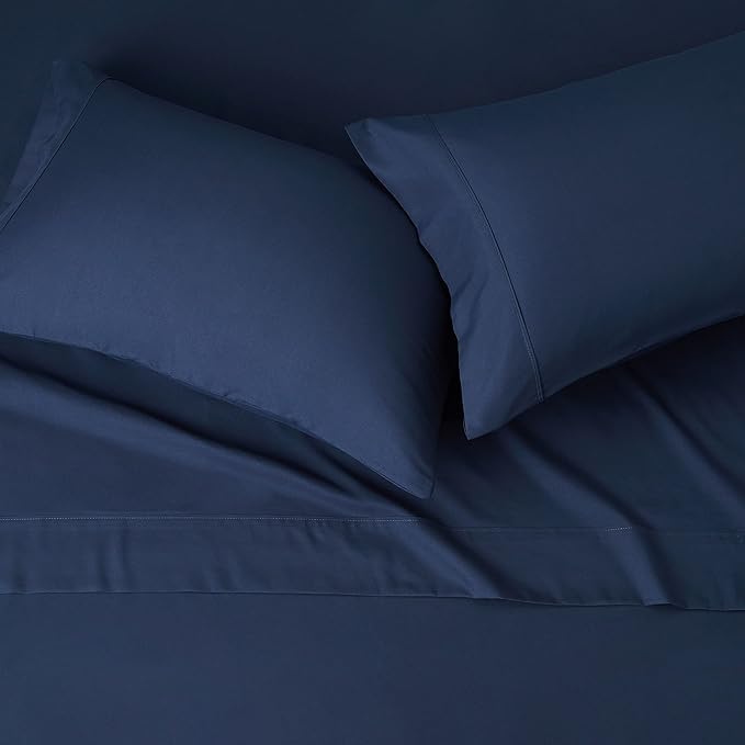 Amazon Basics Lightweight Super Soft Easy Care Breathable Microfiber 4 Piece Bed Sheet Set with 14-Inch Deep Pockets, King, Navy Blue, Solid