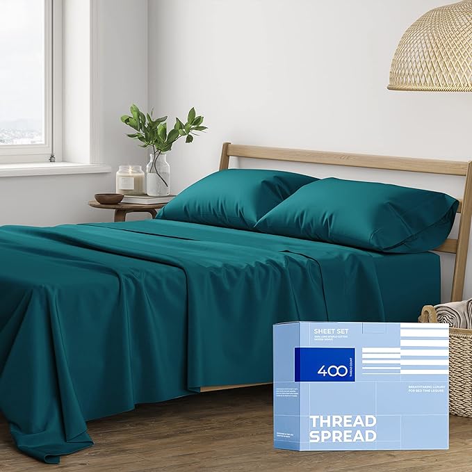 THREAD SPREAD 100% Cotton Bed Sheets Queen Set - 400 Thread Count Cotton Queen Sheets Only, 4 PC Set (Teal), Ultra Soft, Breathable, Cooling, Sateen Weave 16" Deep Pocket Bedsheet for Hot Sleepers