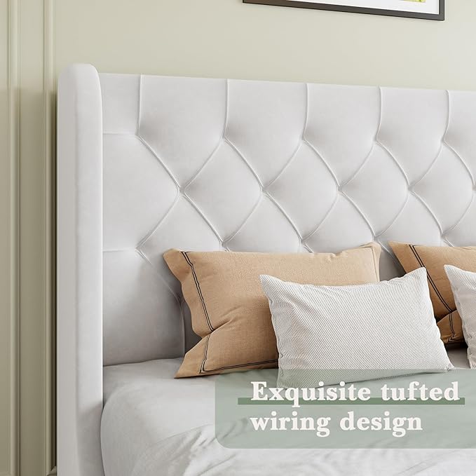 HOMBCK White King Bed Frame, Velvet Upholstered Platform Bed Frame with Headboard, Curved Wingback Design, Wooden Slats, No Box Spring, Noise Free, Easy Assembly