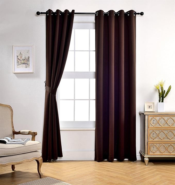 MIUCO Room Darkening Soild Grommet Window Blackout Curtains Two Panels for Bedroom 52x95 Inch Chocolate, Bonus 2 Tie Backs Included