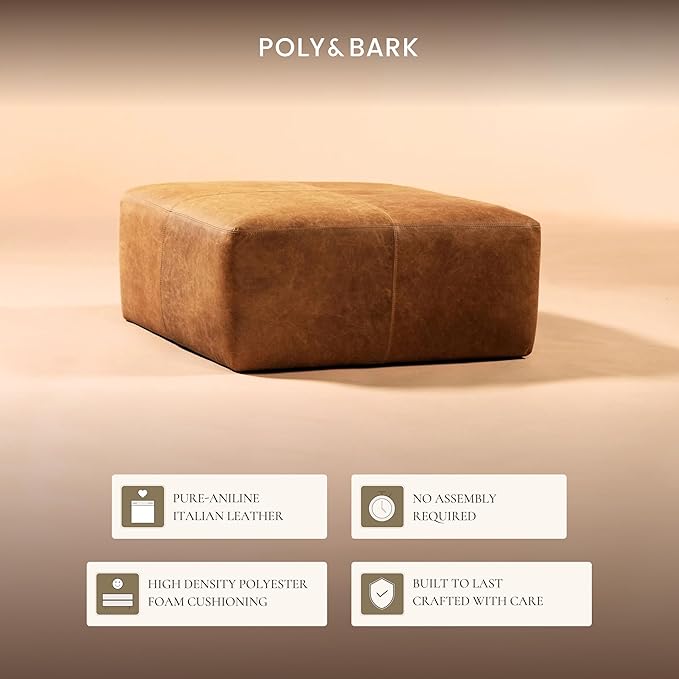 POLY & BARK Sequoia Ottoman – 35” Square Pouf with Feather-Down Topper – Full-Grain Leather Upholstered Pouf Ottoman for Living Room – Vintage Italian Leather in Cognac Tan