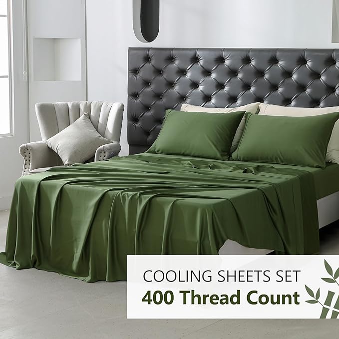 400TC Queen Sheets, Rayon Derived from Bamboo, Cooling Bed Sheets Set,Deep Pocket Up to 16", 4 Pieces Silky Soft, Breathable Bedding Sheets & Pillowcases,Juniper Green