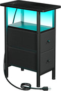 LOAKEKEL Narrow End Table Living Room with Charging Station, Skinny Side Table with Fabric Drawers, Slim LED Nightstand for Bedroom, Small Spaces, Couch, Black, HETNDP02LBK-1