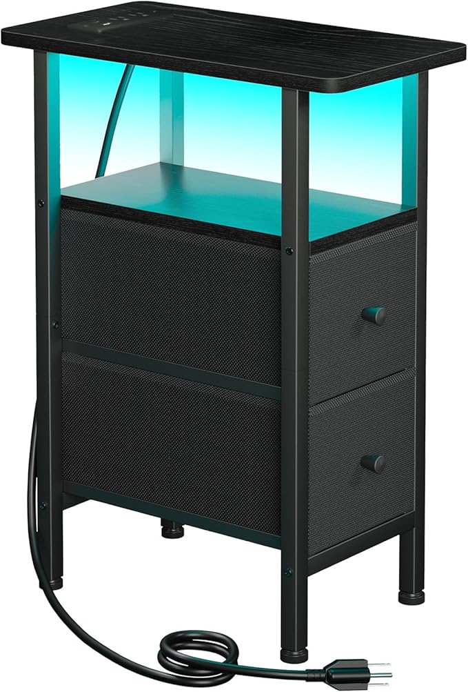 LOAKEKEL Narrow End Table Living Room with Charging Station, Skinny Side Table with Fabric Drawers, Slim LED Nightstand for Bedroom, Small Spaces, Couch, Black, HETNDP02LBK-1