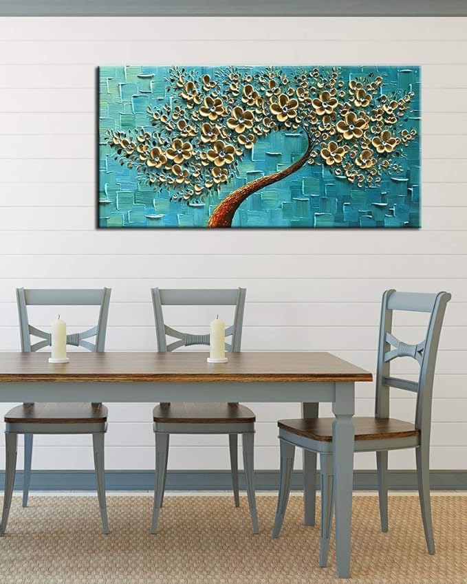 YaSheng Art - Handmade 3D Golden Flowers Artwork Oil Painting On Canvas Texture Palette Knife Flowers Tree Abstract Landscape Paintings Modern Home For Living Room Bedroom Decor Wall Art 20X40 inch