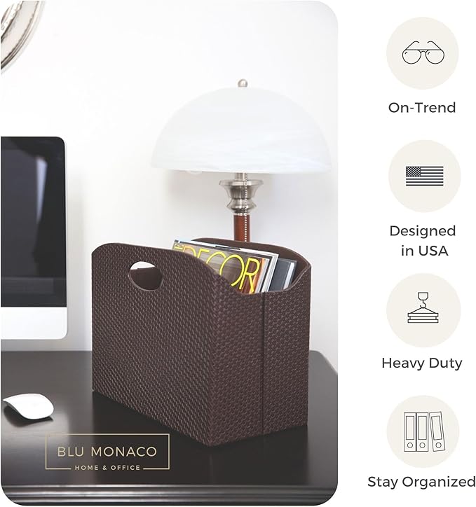 BLU MONACO | Brown Woven Leather Magazine Holder | Storage Basket with Handles for Office Living Room or Bathroom | Vertical Magazine File Organizer
