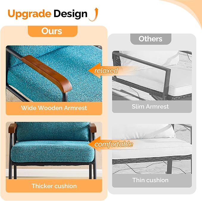 VINGLI Mid-Century Modern Accent Armchiars Set of 2 for Small Space, Small Comfy Upholstered Leisure Reading Chairs with Wood Armrests for Bedroom, Living Room, Waiting Room, Linen Teal