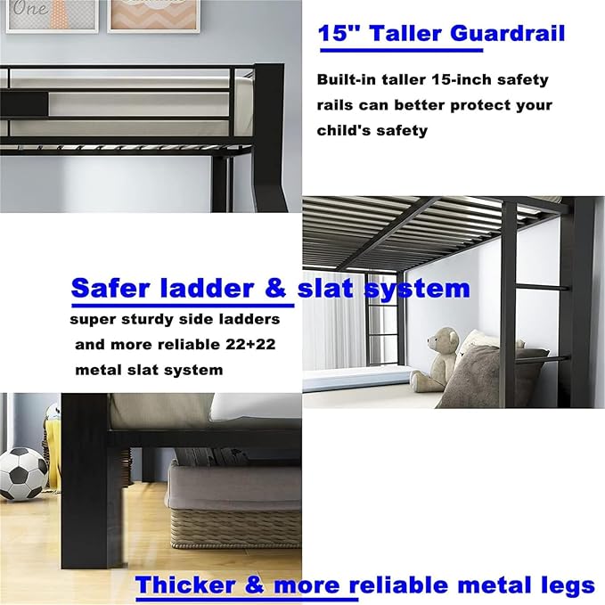 Upgraded Version Thicken Metal Heavy-Duty Full XL Over Queen Bunk Bed, Best Modern Style Stronger Full Over Queen Size Bunk Bed Frame with Ladder for Adults, Easy Assembly (Full XL Over Queen-A)