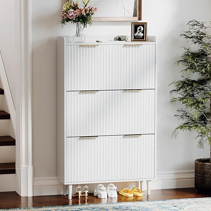 VINGLI White Fluted Shoe Storage Cabinet for Entryway with 3 Flip Drawers, Narrow Shoe Organizer with Fluted Panel, Modern Freestanding Wood Shoe Cabinet for Foyer, Hallway (White, 3 Flip Drawers)