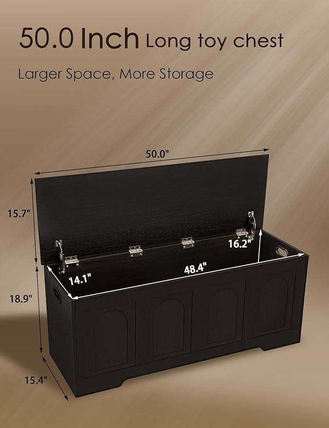 DINZI LVJ Storage Chest, 50” Extra Large Storage Bench with 2 Safety Hinges, Wooden Toy Box with Flip-Top, Large Trunk for Living Room, Playroom, Easy Assembly, Espresso