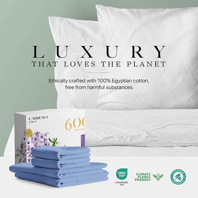 Carressa Linen California King Egyptian Cotton Sheet Sets - 600 Thread Count Cal King Cotton Sheet Set (4 PC, Marine Blue), Extra Soft, Cooling, 16" Deep Pocket Sateen Weave Luxury Hotel Bed Sheets