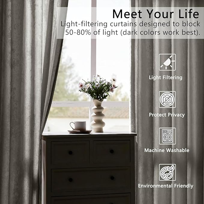 Silver Grey Crushed Velvet Curtains 52x84 inch Luxurious Thermal Insulated Soundproof Drapes for Living Room Bedroom Office Soft and Durable Light-Filtering Window Treatments, 2 Panels