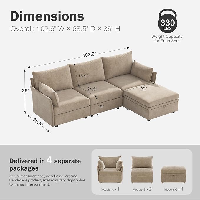 ABCASA 102.6" Modular Sectional Sofa, L Shaped Couch Set for Living Room, 3-Seater Comfy Cloud Couches with Movable Storage Ottoman,DIY Combination - Chenille Beige